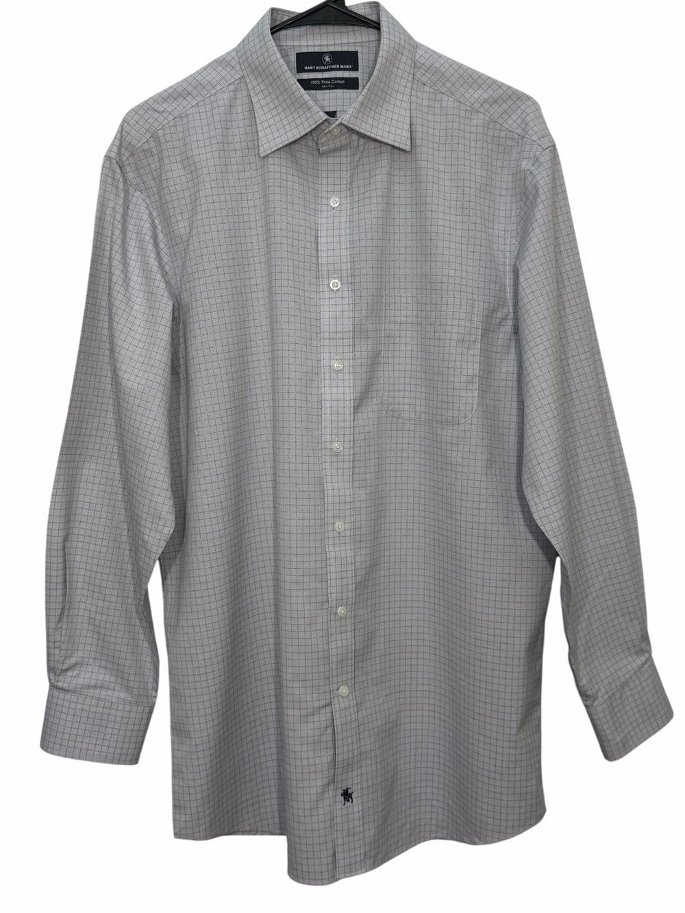 Hart Schaffner Marx Men Gray Check Button Long Slv Sz 16 33 Pima Cotton No Iron